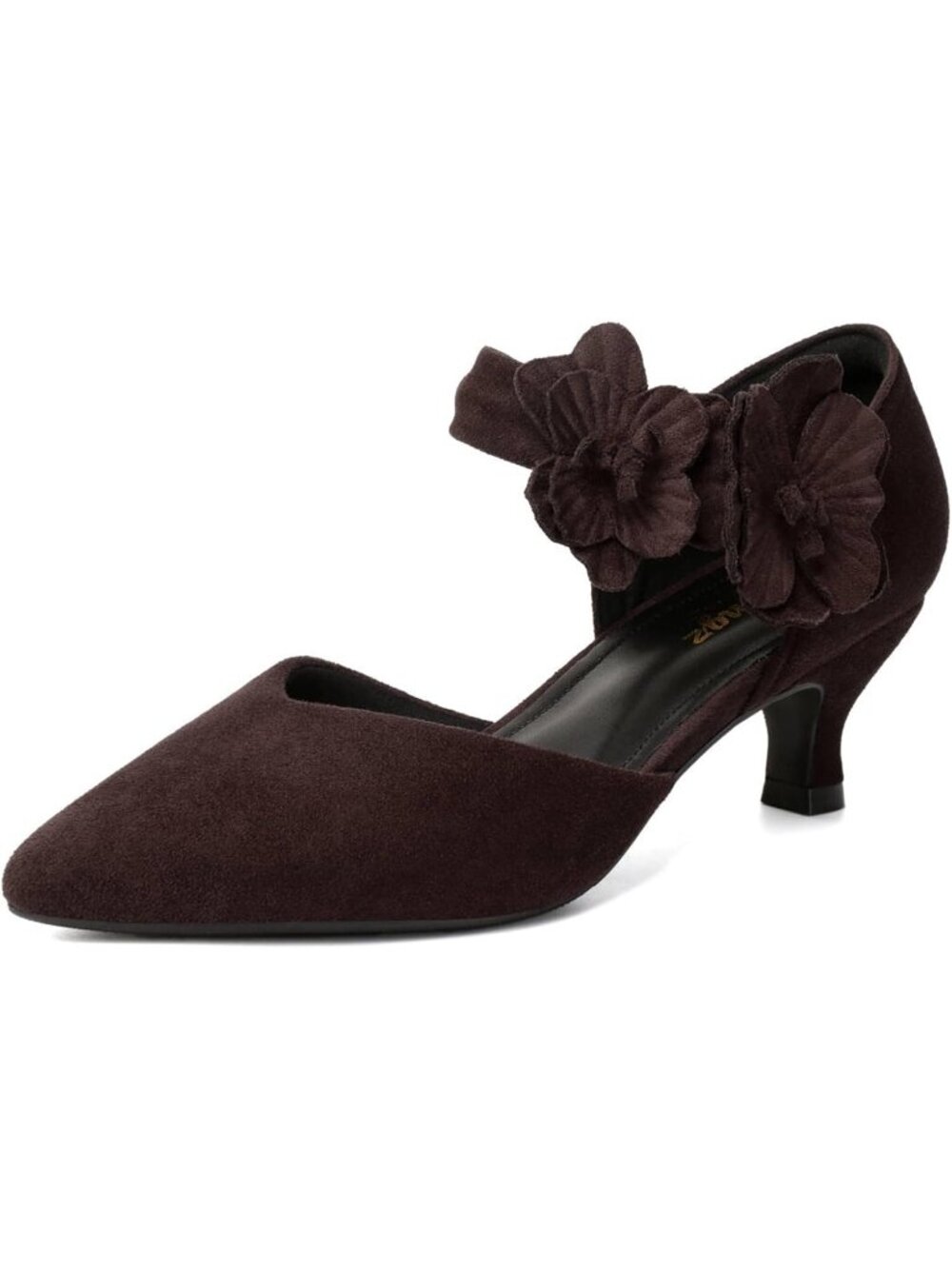 〽️Women's Coffee Brown Kitten Heels Closed Toe Slip On Comfortable Flower Shoes